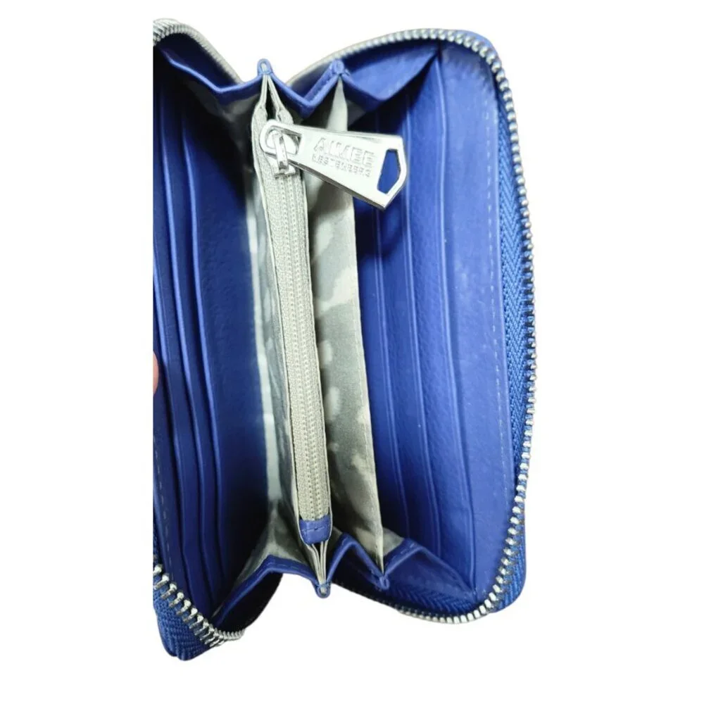 Aimee Kestenberg Blue Leather Zip Around Wristlet Wallet Compact Organizer Card